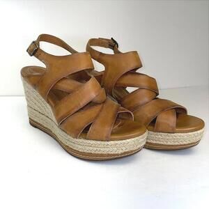 Clarks Tan Leather Strappy Indigo Espadrilles Platform Wedges Size 8